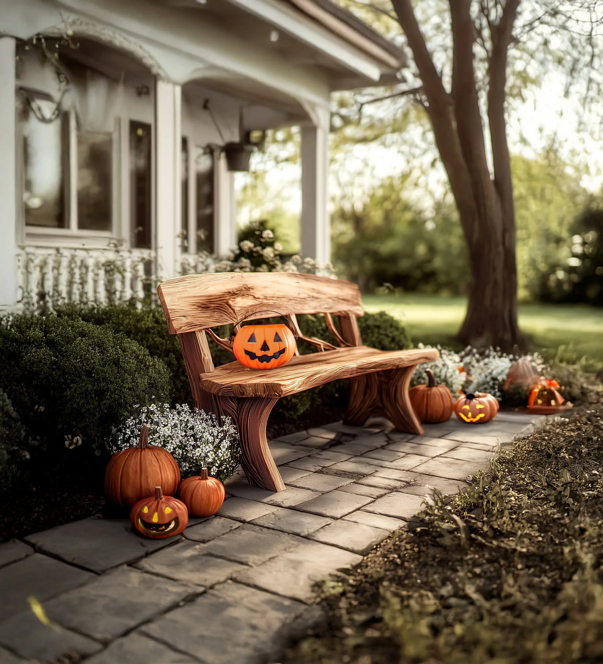 Live edge wooden bench on a porch with carved Halloween pumpkins and autumn decorations