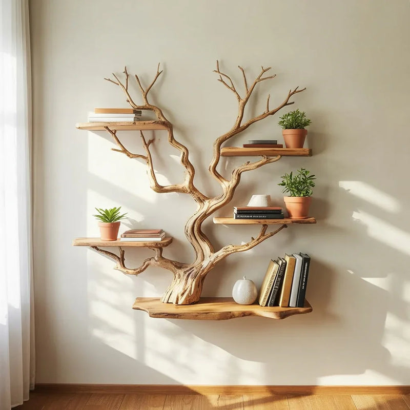 Tree-shaped wooden bookshelf with books, potted plants, and decor on wall in sunlit room