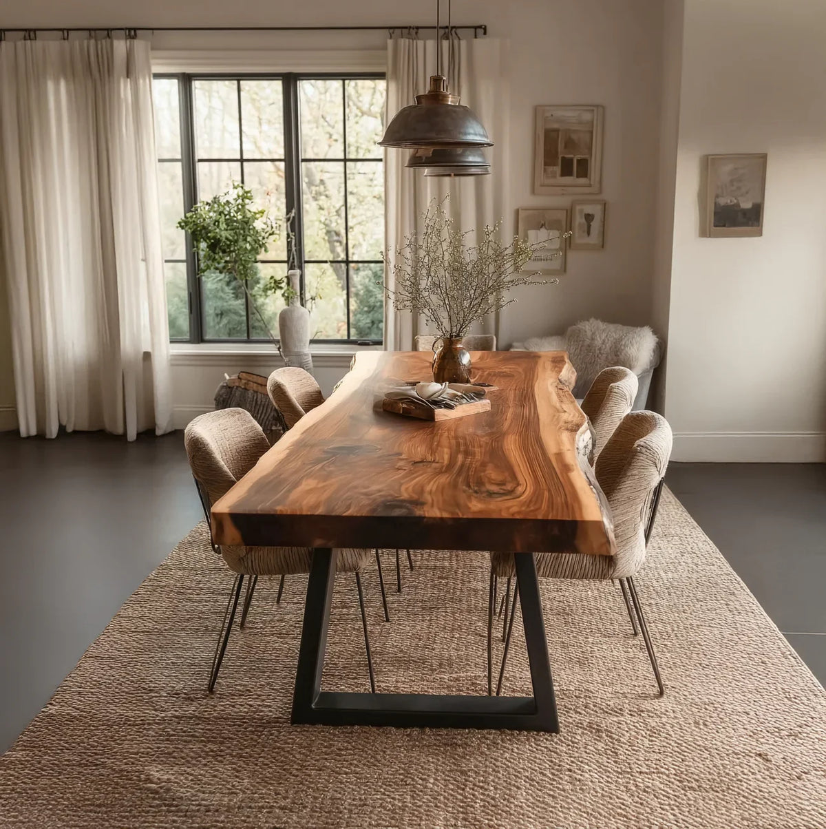 Solid wood live edge dining table with metal legs in modern, cozy dining room