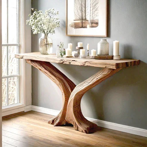 Live edge solid wood console table with natural finish in modern entryway, decorated with candles and vase.