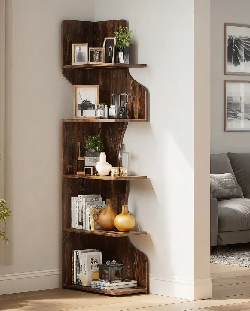 Dark wood corner bookshelf with photos, plants, decorative vases, books, and candles in a modern living room