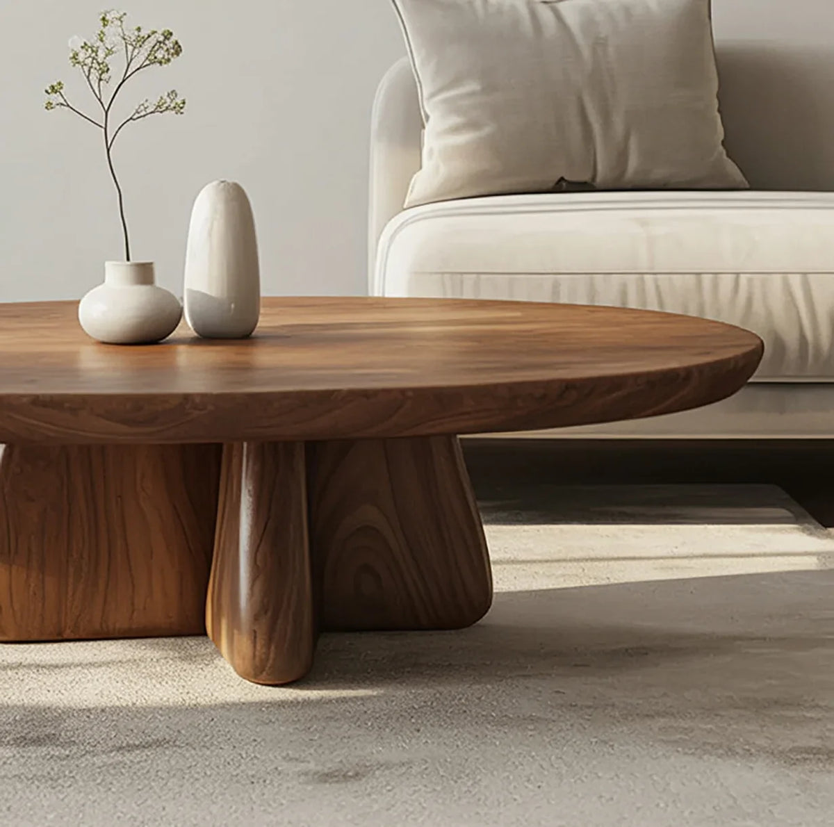 Modern solid wood coffee table with vases, minimalist sofa in bright living room