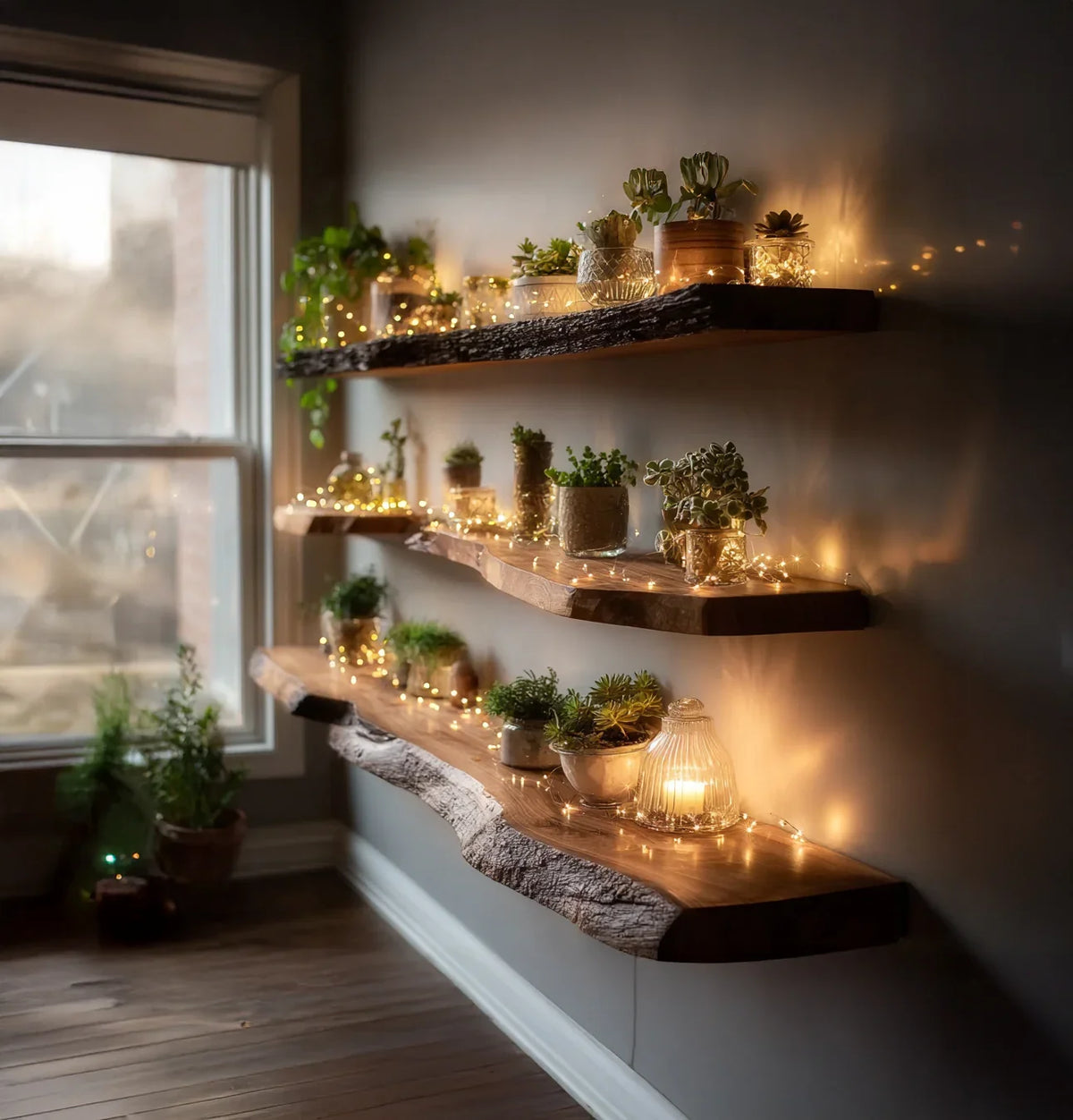 Live edge floating wooden shelves with potted plants and string lights on a gray wall
