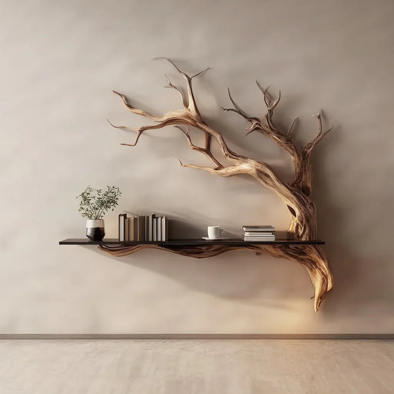 Live edge wooden tree bookshelf with floating shelf, books, plant, and minimalist decor