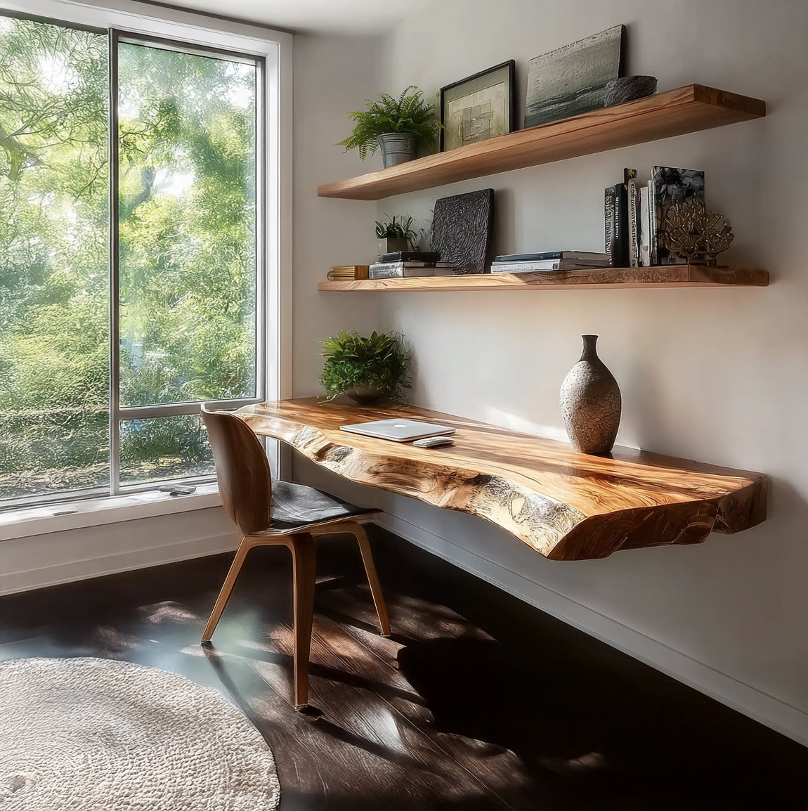 Modern home office with live edge wood desk, wooden chair, floating shelves, plants, and large window