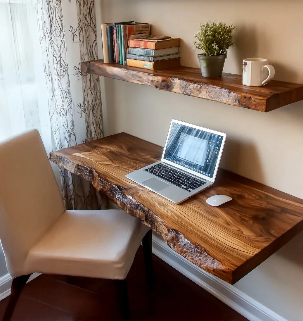 Live edge wood desk with laptop, floating shelf, books, and modern white chair in home office. how to mount wall mounted floating desk French cleat installation diagram