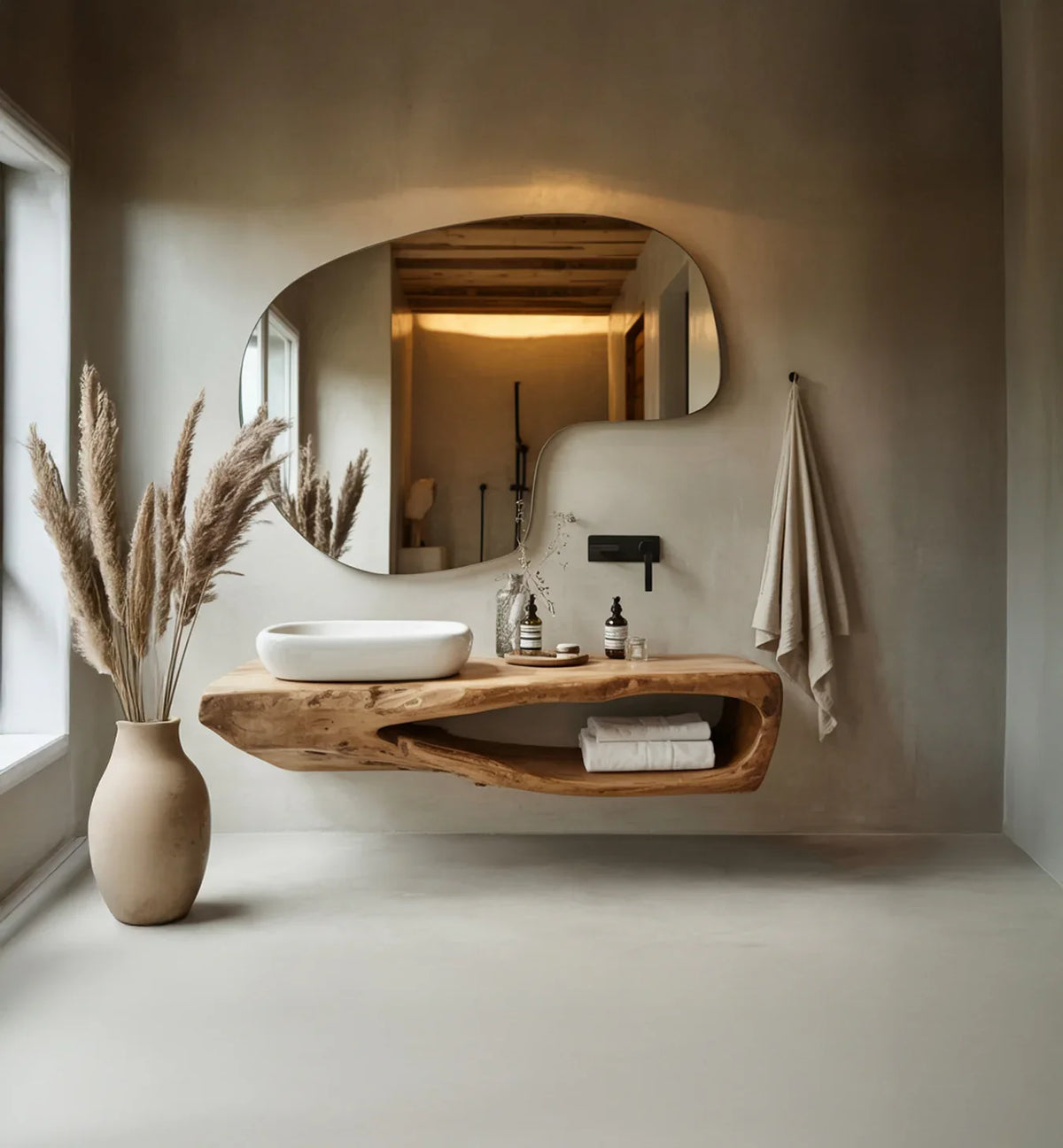 Modern bathroom with wooden floating vanity, white vessel sink, curved mirror, and vase with pampas grass
