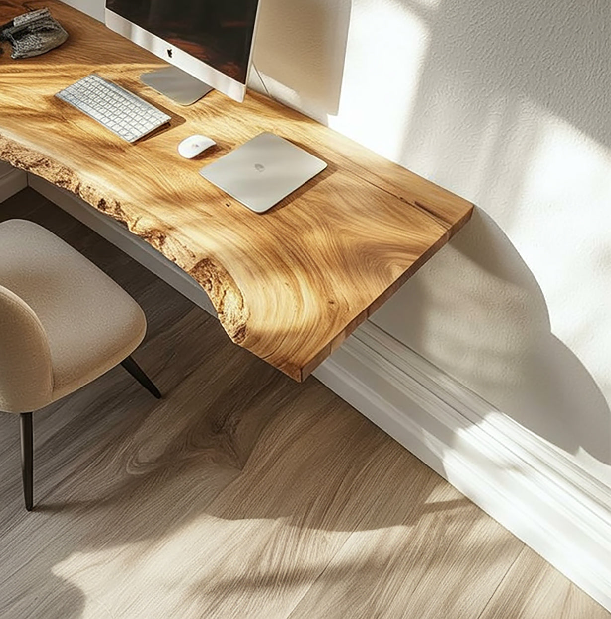 Live edge solid wood floating desk with computer and chair in bright minimalist office