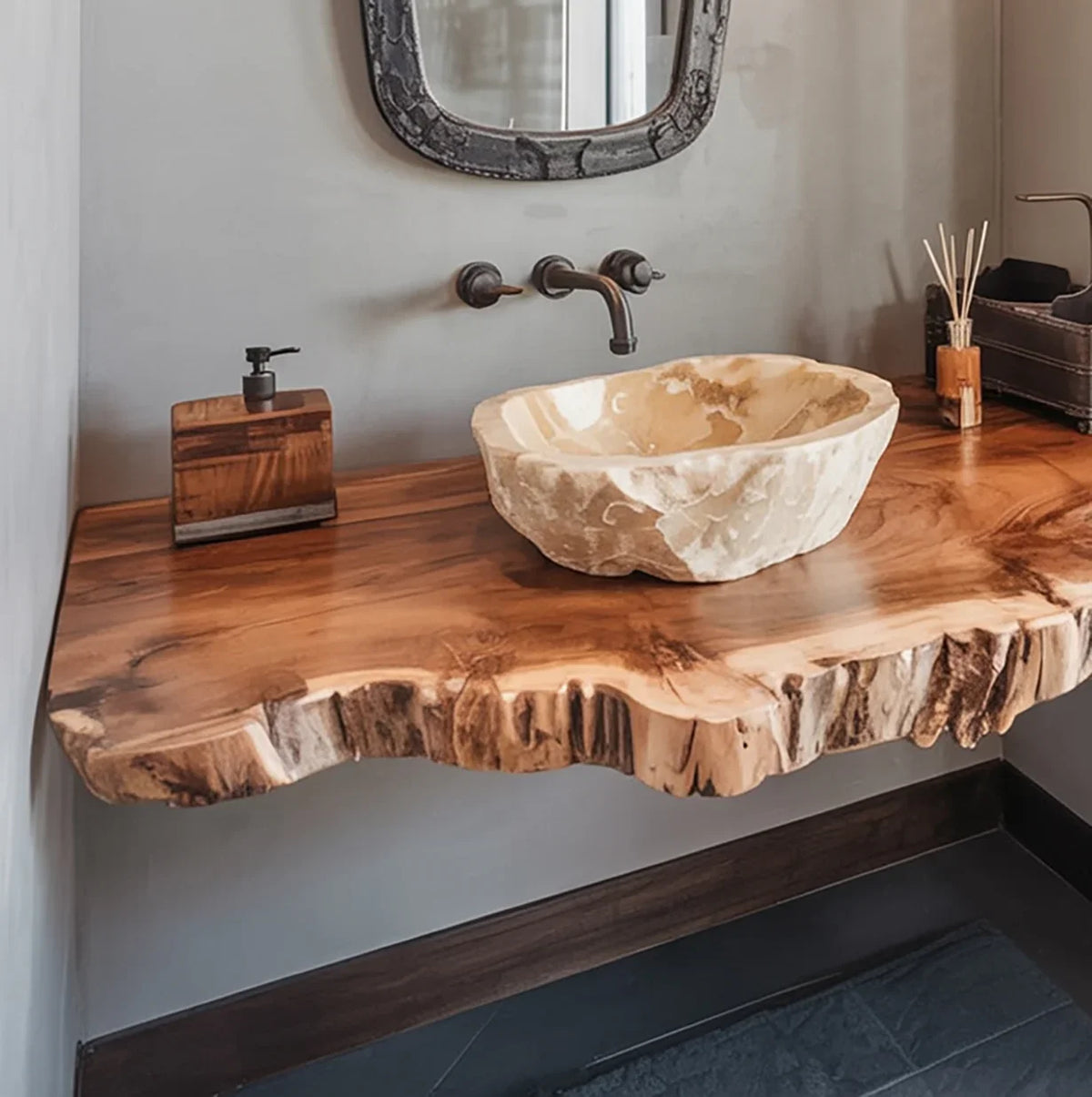 Live edge solid wood floating vanity with stone vessel sink in modern bathroom