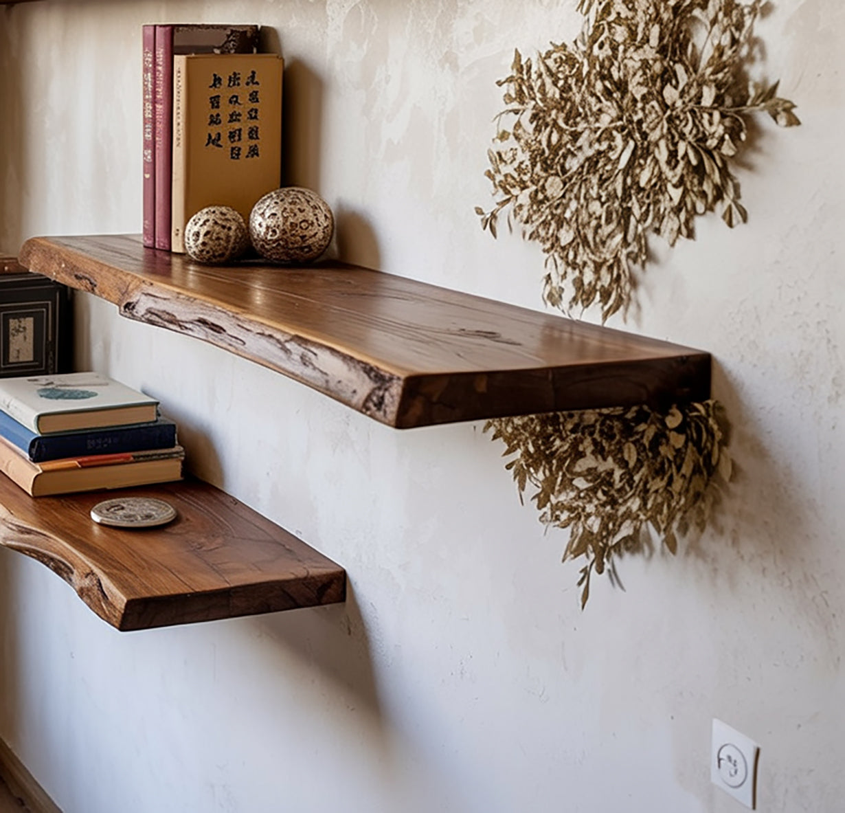 Live edge solid wood floating shelves with books, decor and natural wall accents