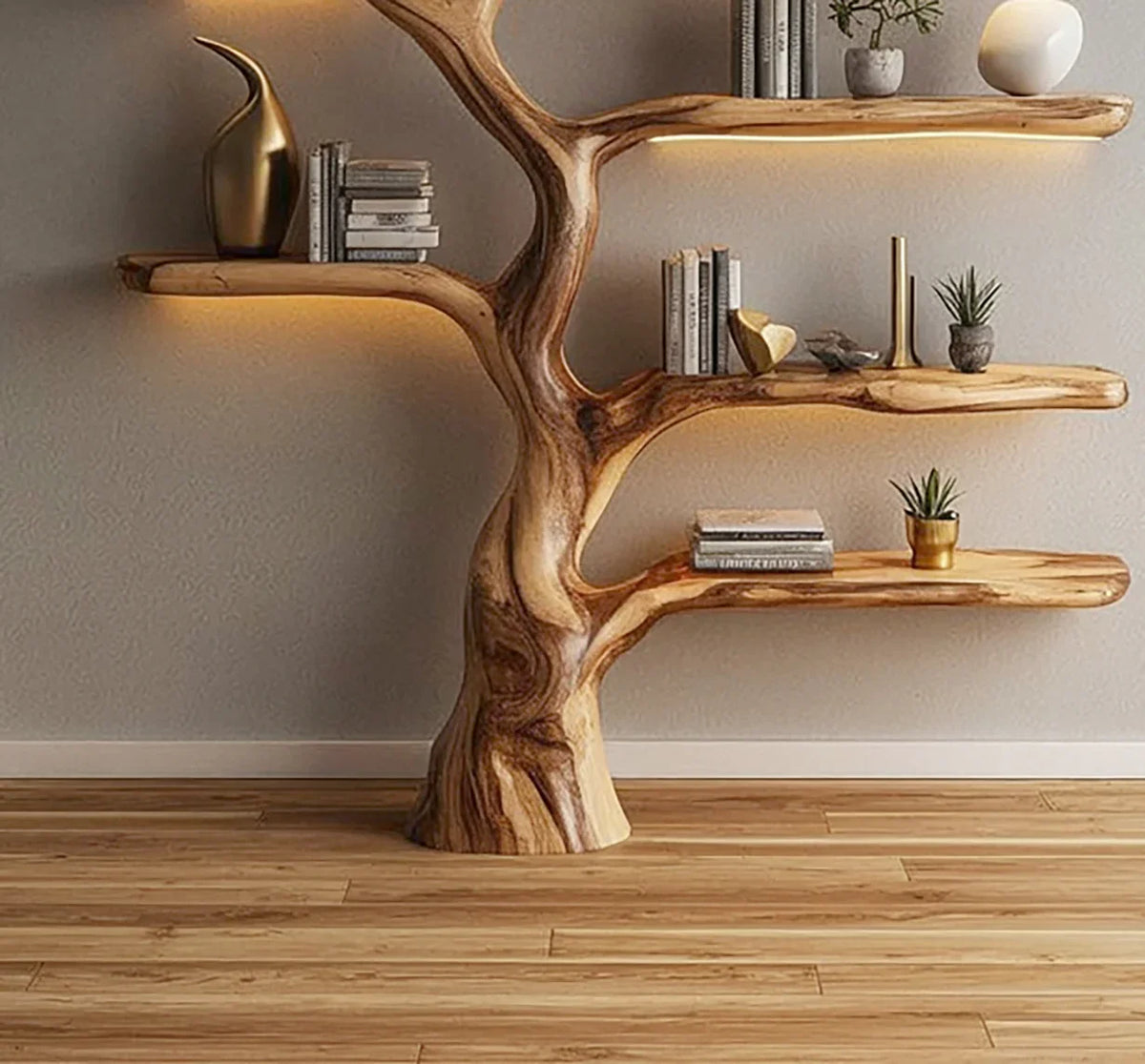 Live edge tree bookshelf with solid wood shelves and decor, against a neutral wall