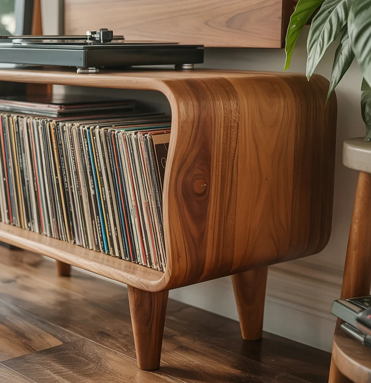 Solid wood record player console with vinyl storage, mid-century modern style