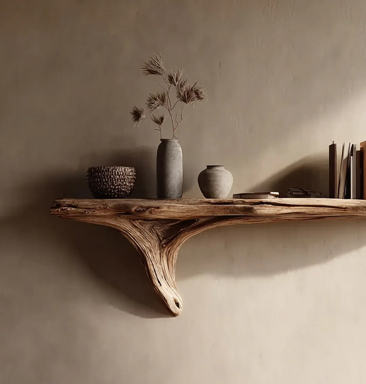 Live edge floating wood shelf with natural decor and ceramic vases against neutral wall