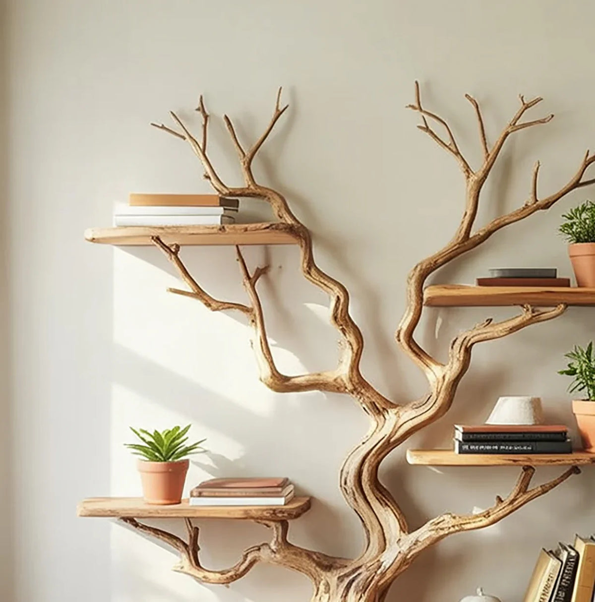 Tree branch wood bookshelf with live edge shelves, books, and potted plants against a wall