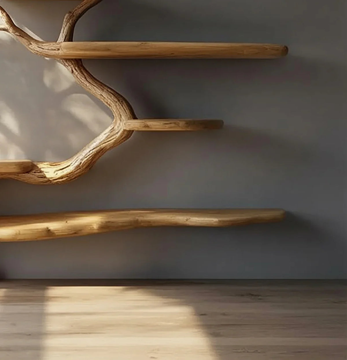 Live edge solid wood floating shelf with natural branch design on gray wall