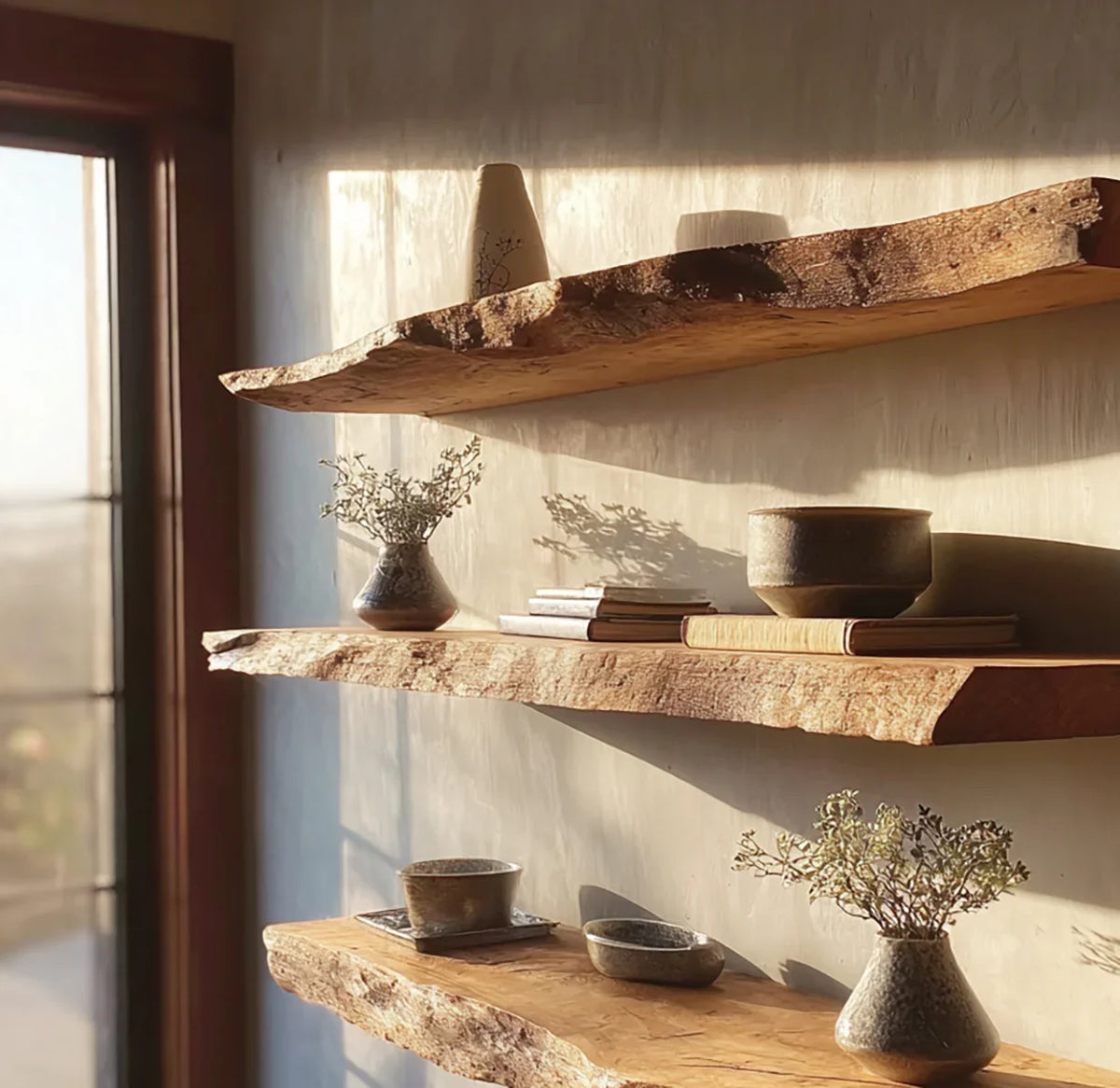 Live edge solid wood floating shelves with ceramic vases and bowls in natural sunlight.