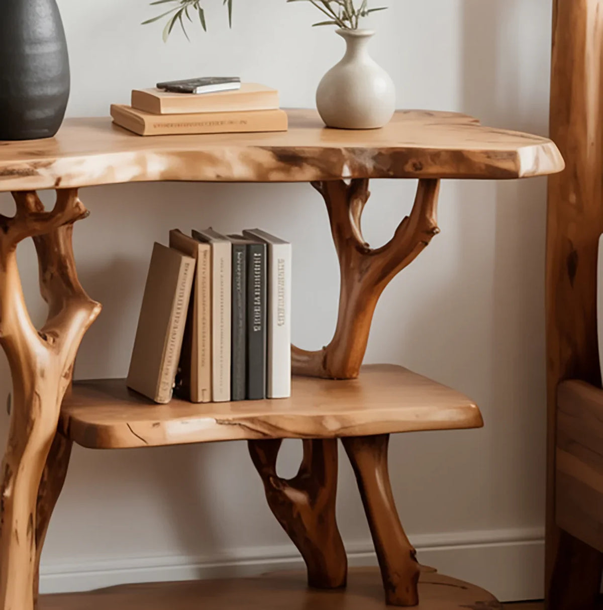 Live edge wood bookshelf with tree-branch legs, decorated with books and vases