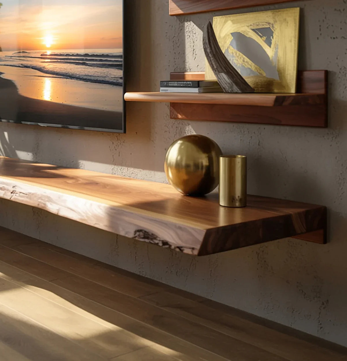 Live edge solid wood floating shelf with gold decor in modern living room