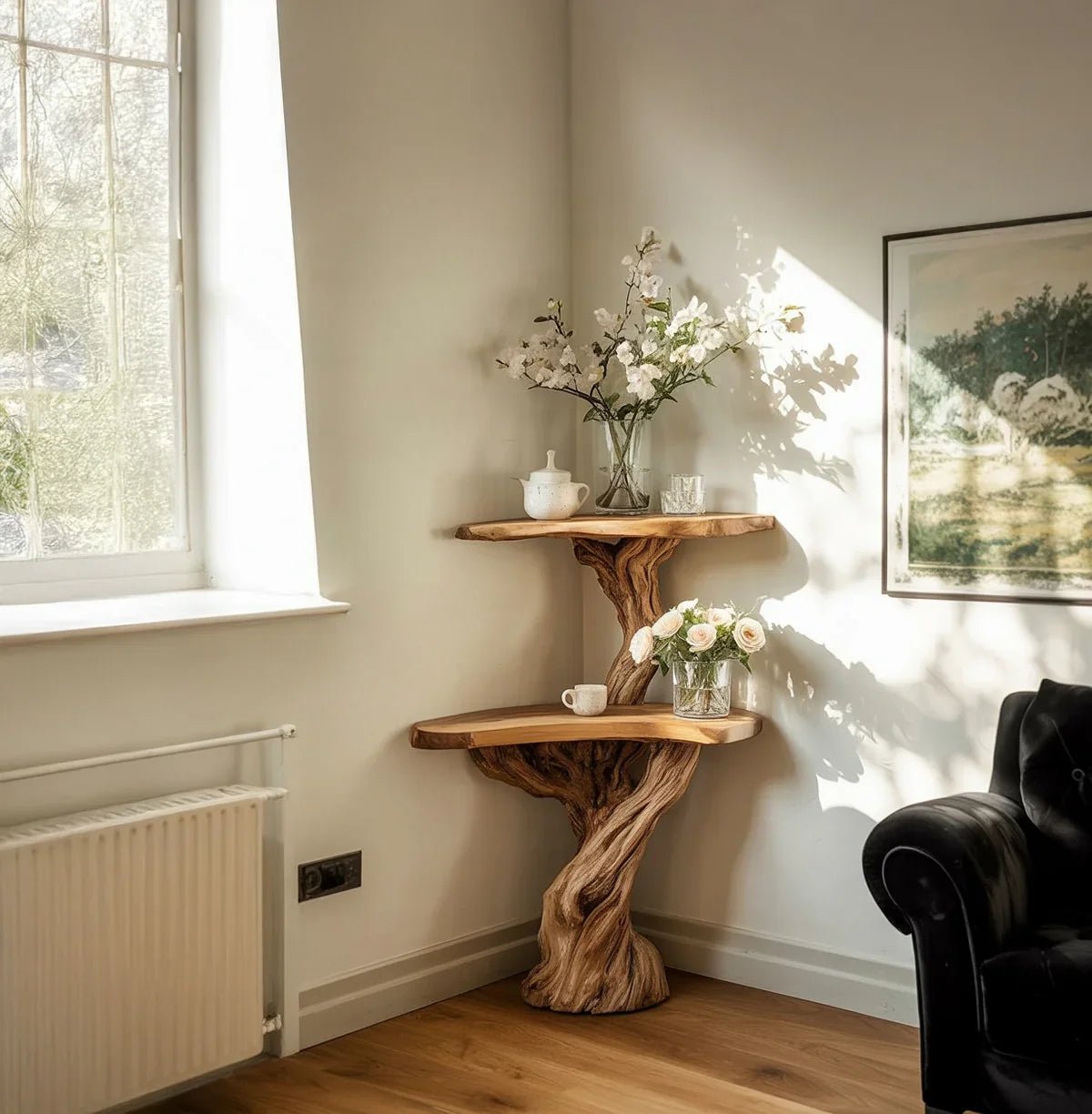 Live edge solid wood corner shelf shaped like a tree with vases and tea set in sunlit room