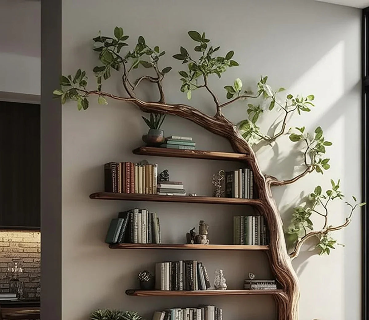 Tree bookshelf with live edge wood shelves and leafy branches, modern living room décor