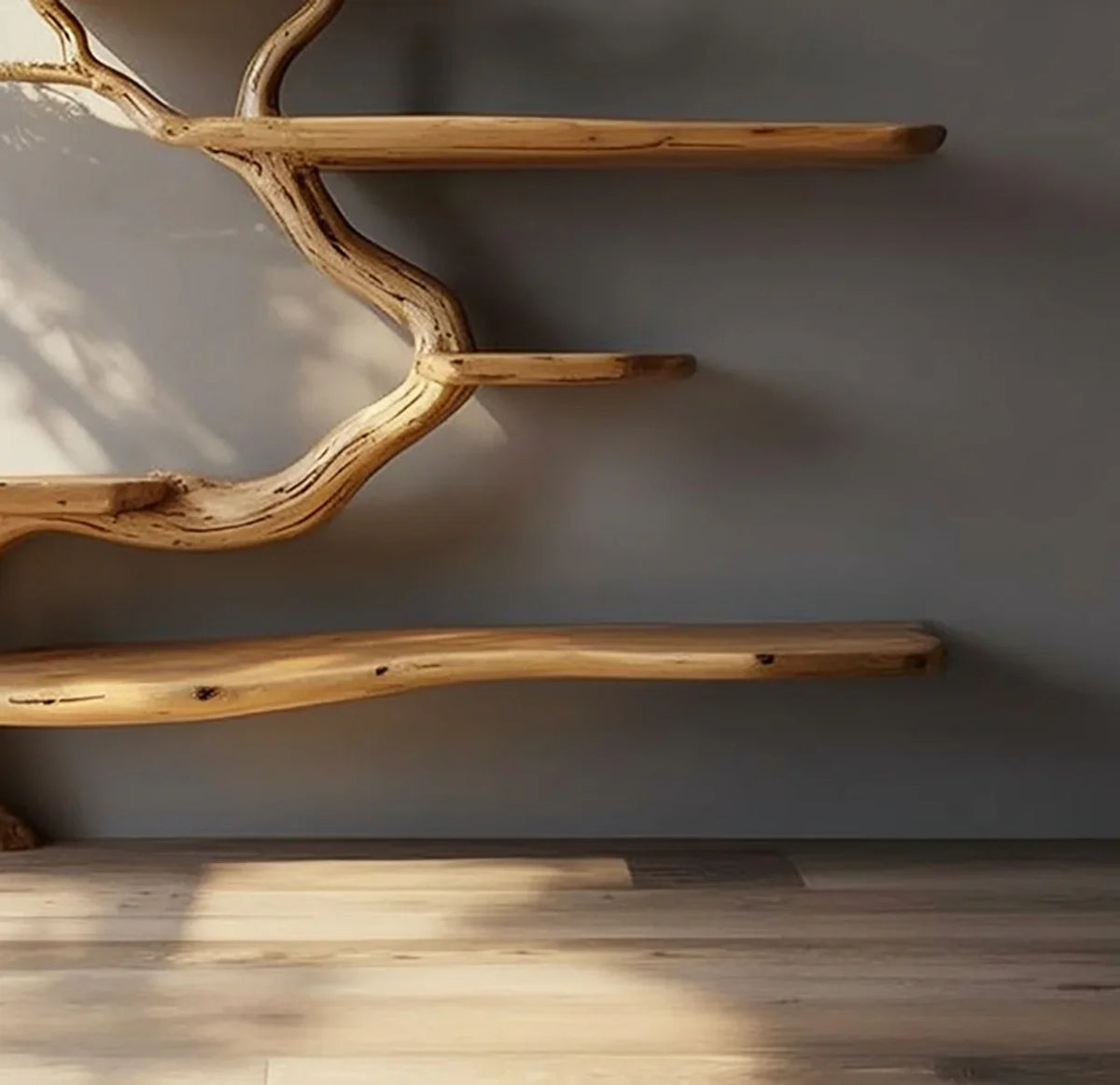 Live edge tree branch bookshelf with floating solid wood shelves against a gray wall.
