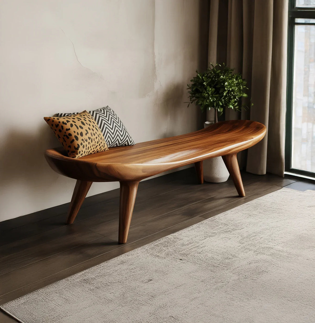 Solid wood live edge bench with patterned cushions in modern living room
