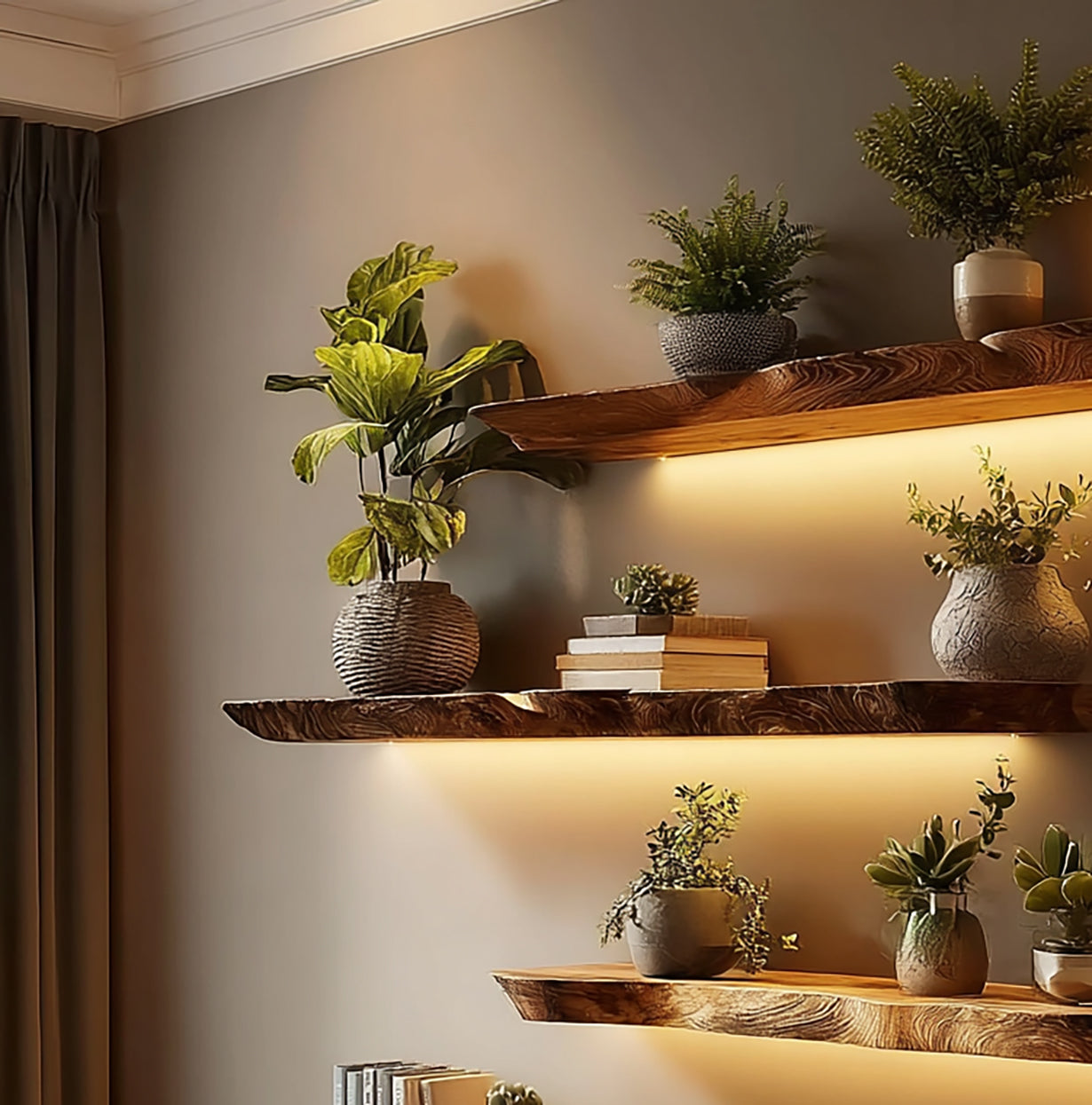 Solid wood live edge floating shelves with potted plants and books, warm LED lighting