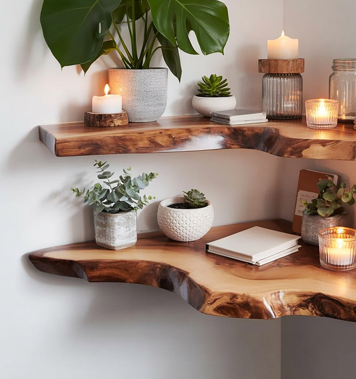 Live edge wooden floating shelves with potted plants, candles, and books in a modern home decor setting.