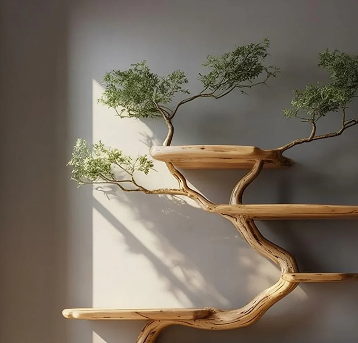 Live edge wood tree bookshelf with branches and greenery on a light wall