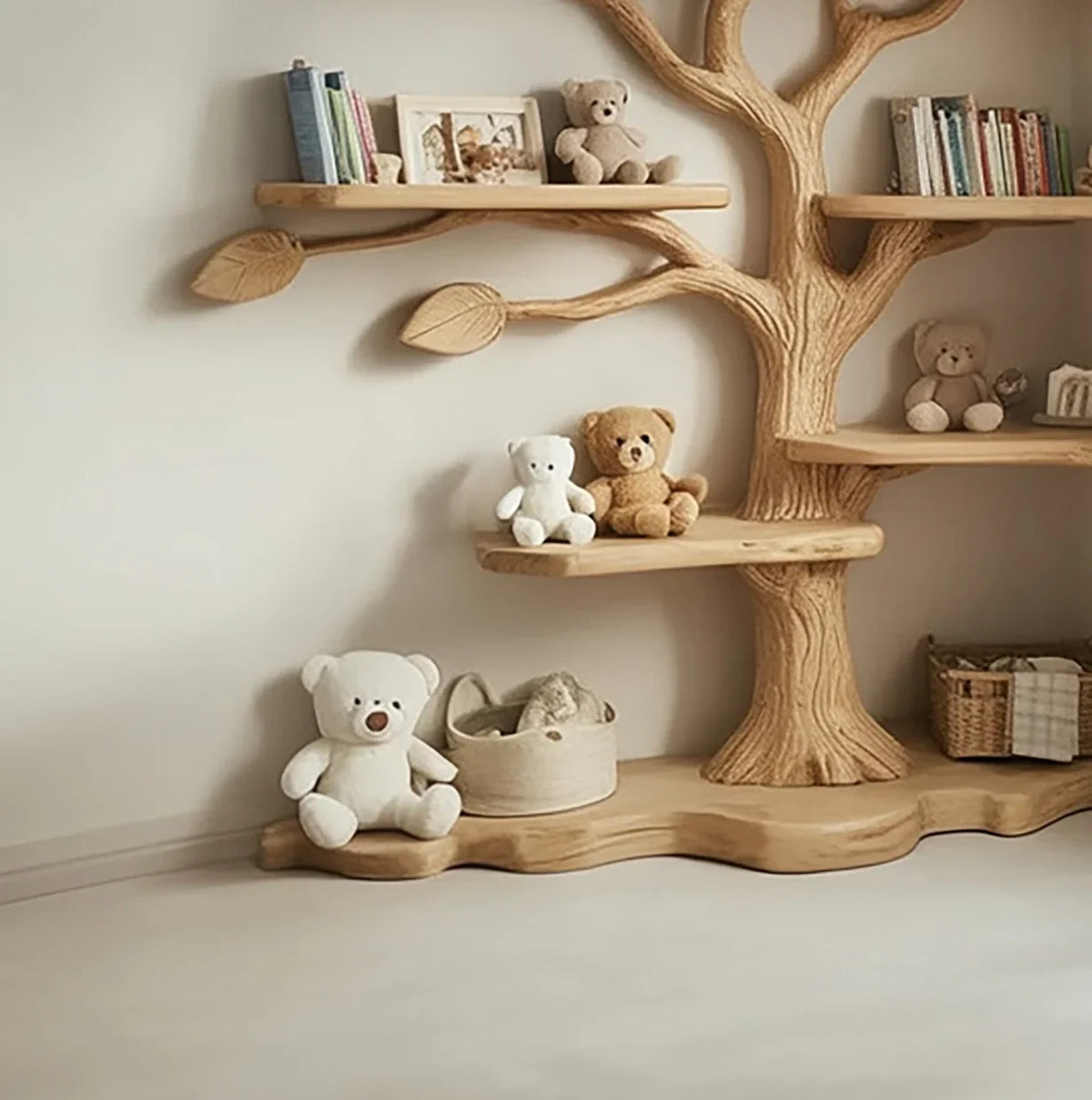 Tree-shaped wooden shelving unit with teddy bears, books, baskets in a cozy children's room