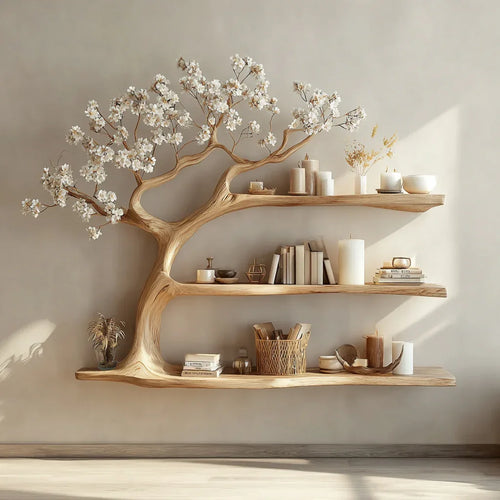 Rustic Wooden Bookcase – Handmade Tree Bookshelf, Unique Home Decor Gift