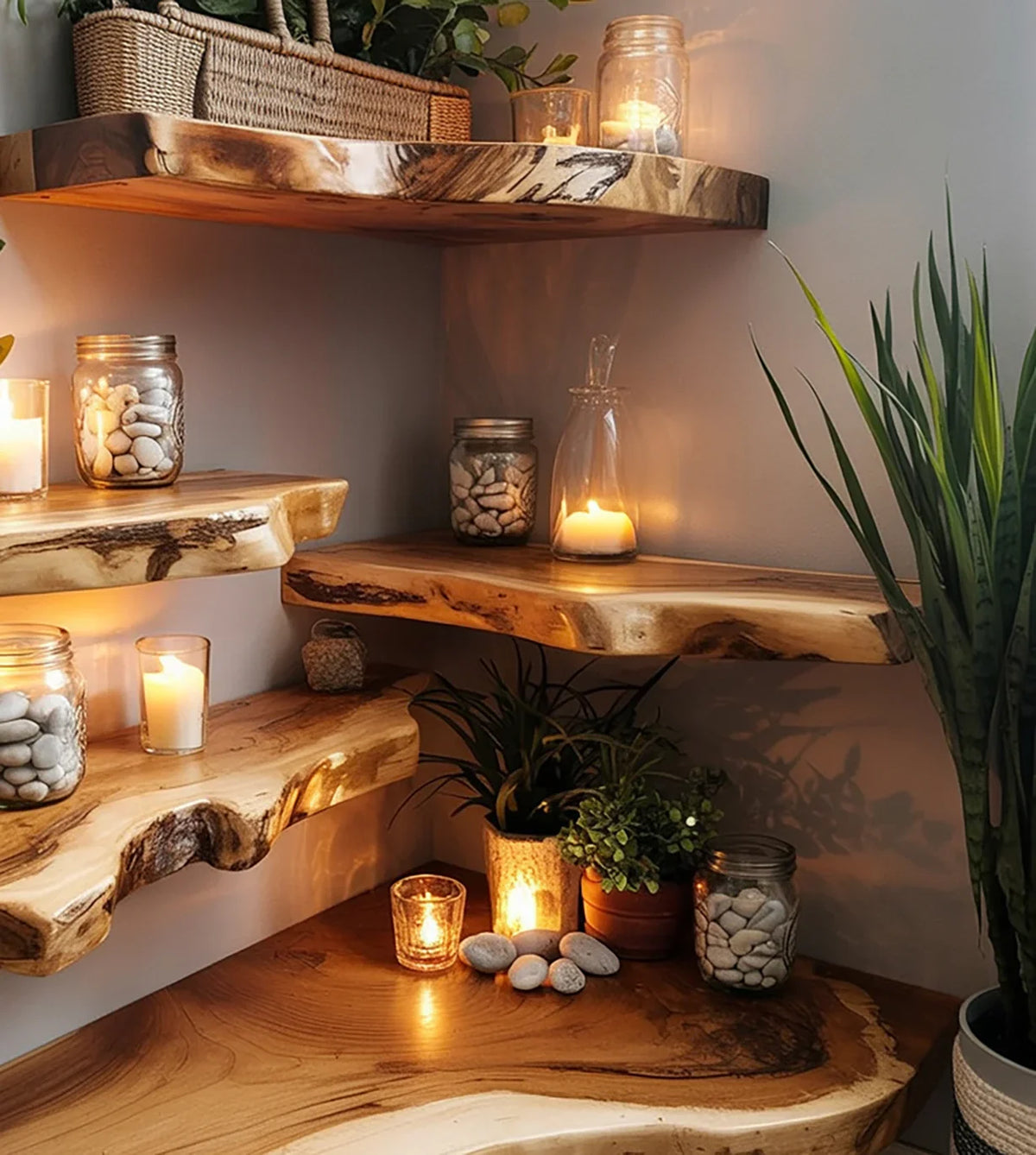Corner of room with floating live edge wooden shelves, candles, glass jars with stones, and green plants