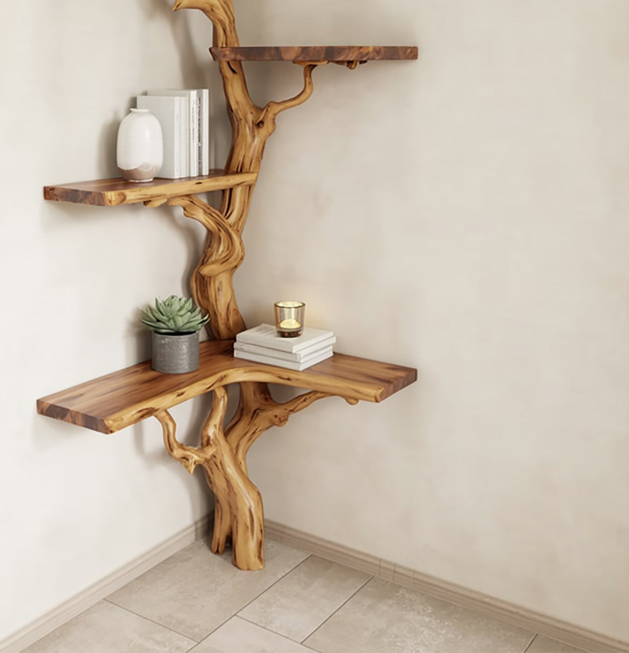 Corner wall shelf with natural wood branches design holding books, vase, succulent, and candle