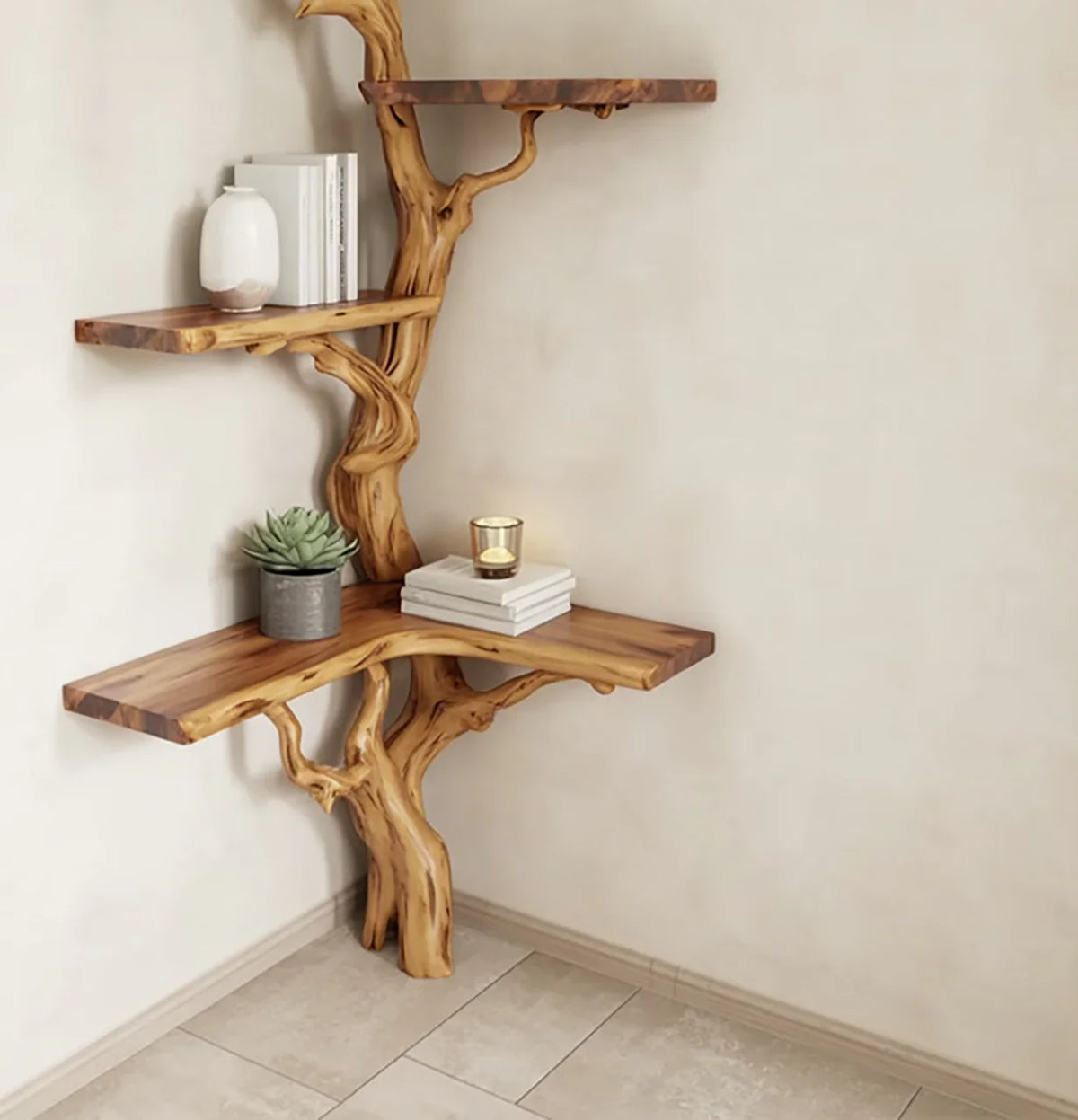 Corner wall shelf with natural wood branches design holding books, vase, succulent, and candle