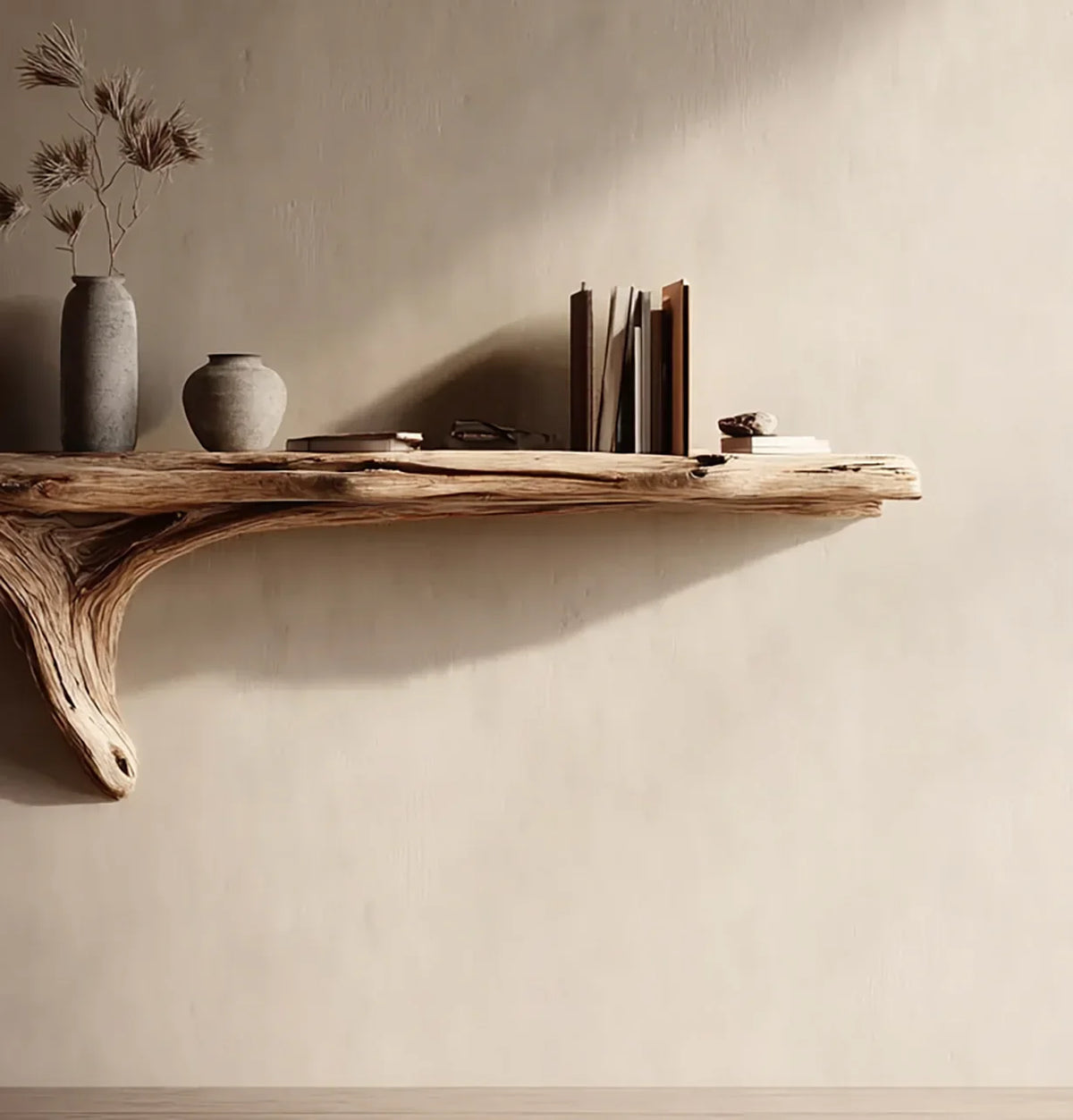 Live edge wooden floating shelf with books and ceramic vases against a neutral wall.