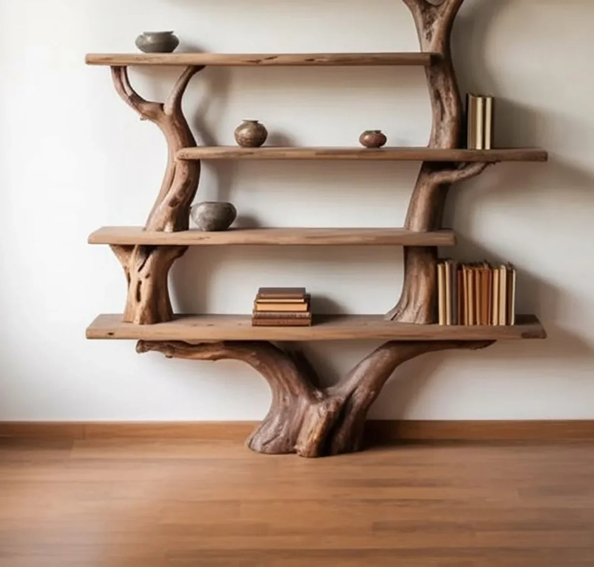 Live edge solid wood tree bookshelf with sculpted branches, books, and pottery decor