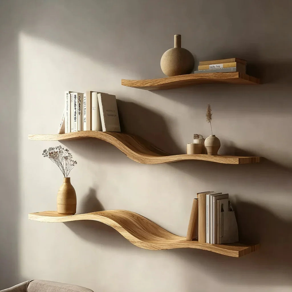 Three wavy wooden wall shelves with neutral decor, books, and vases in a minimalist living space
