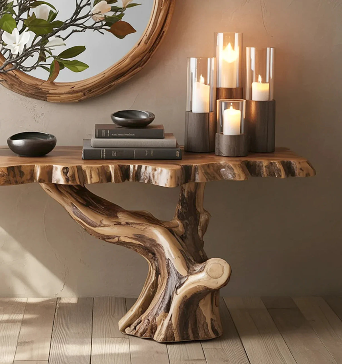 Natural wood console table with live edge design, stacked books, black bowls, and glass candle holders with lit candles