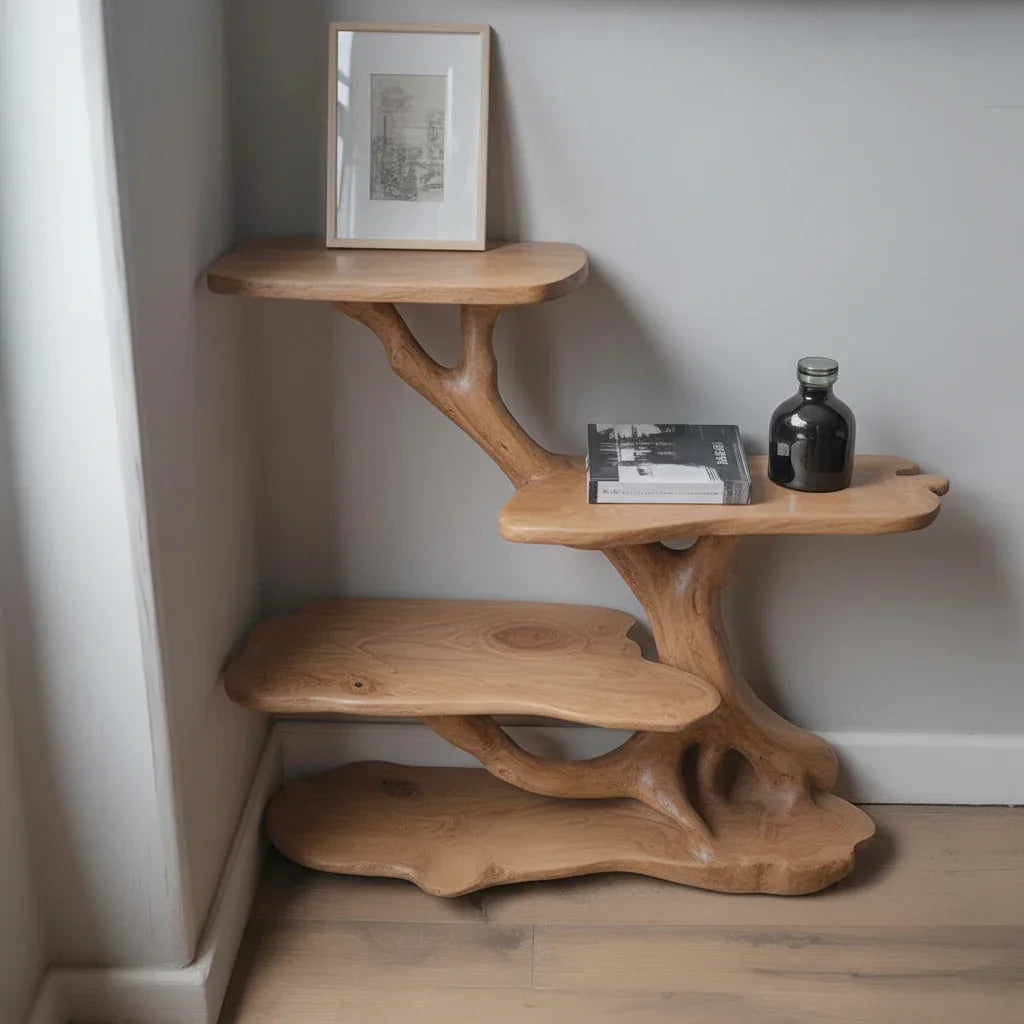 Solid wood tree bookshelf with live edge design in a corner, holding a framed print, book, and bottle.