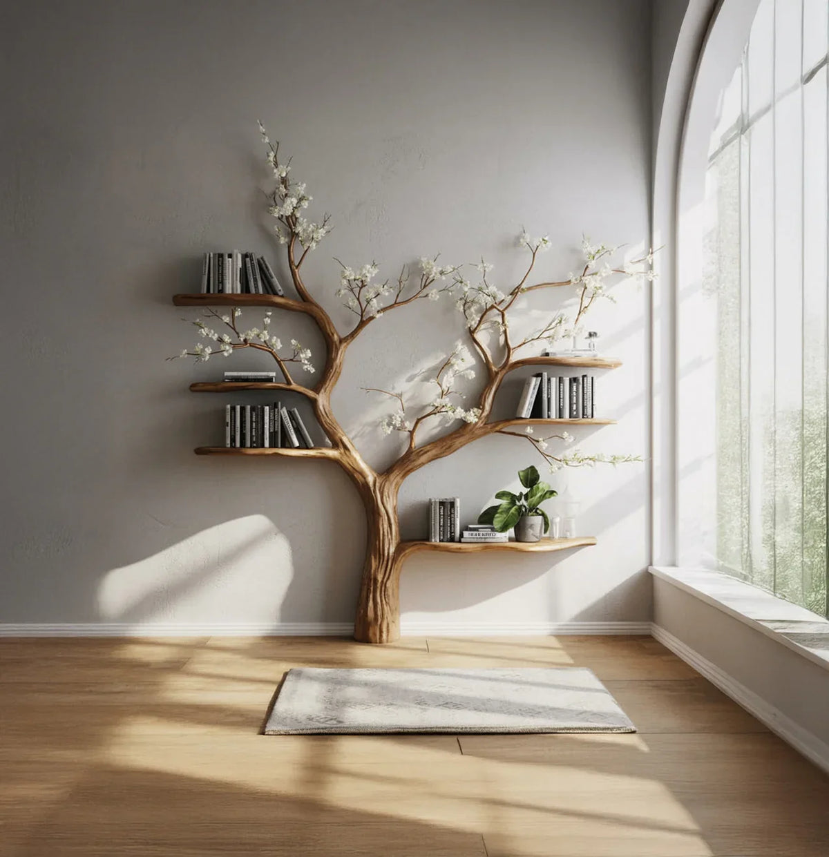 Tree-shaped wooden bookshelf with books and flowers in a sunlit modern living room