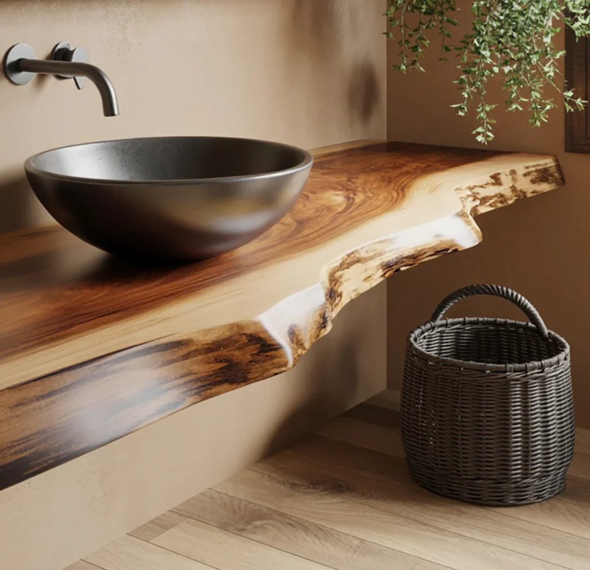 Live edge solid wood floating vanity with vessel sink and woven basket in modern bathroom