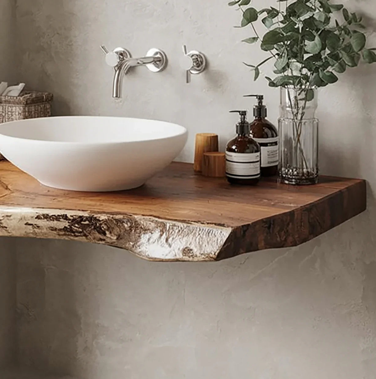Live edge solid wood floating vanity shelf with vessel sink in modern bathroom
