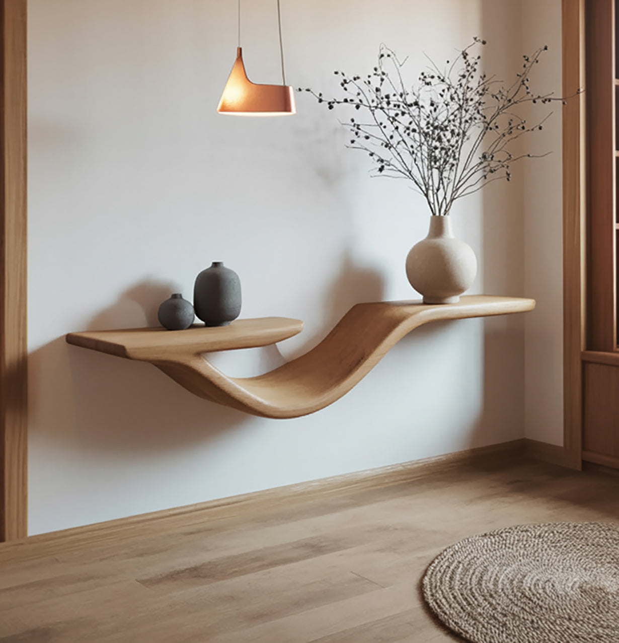 Curved live edge floating wooden shelf with vases and dried branches in modern minimalist room