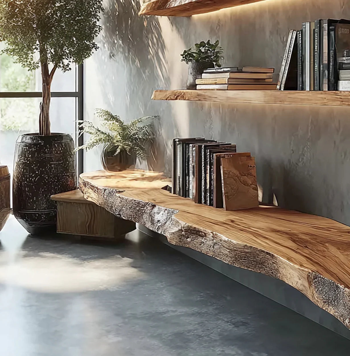 Live edge solid wood floating shelves and bench with books and plants in a modern room