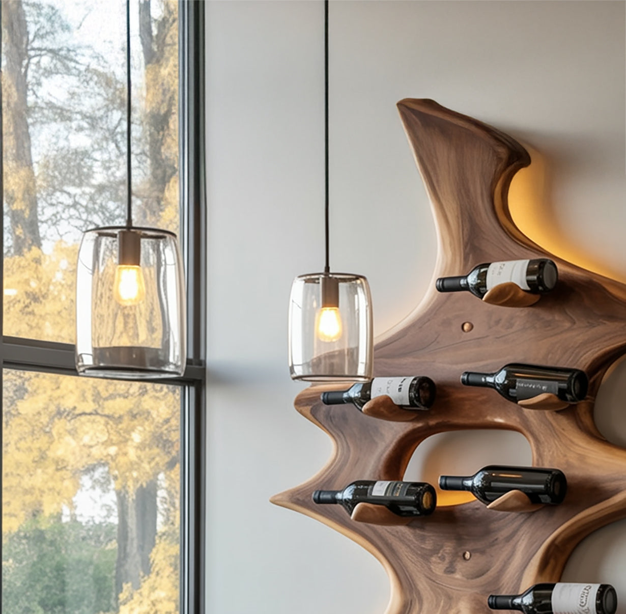 Modern wooden wall-mounted wine rack holding bottles next to hanging glass pendant lights