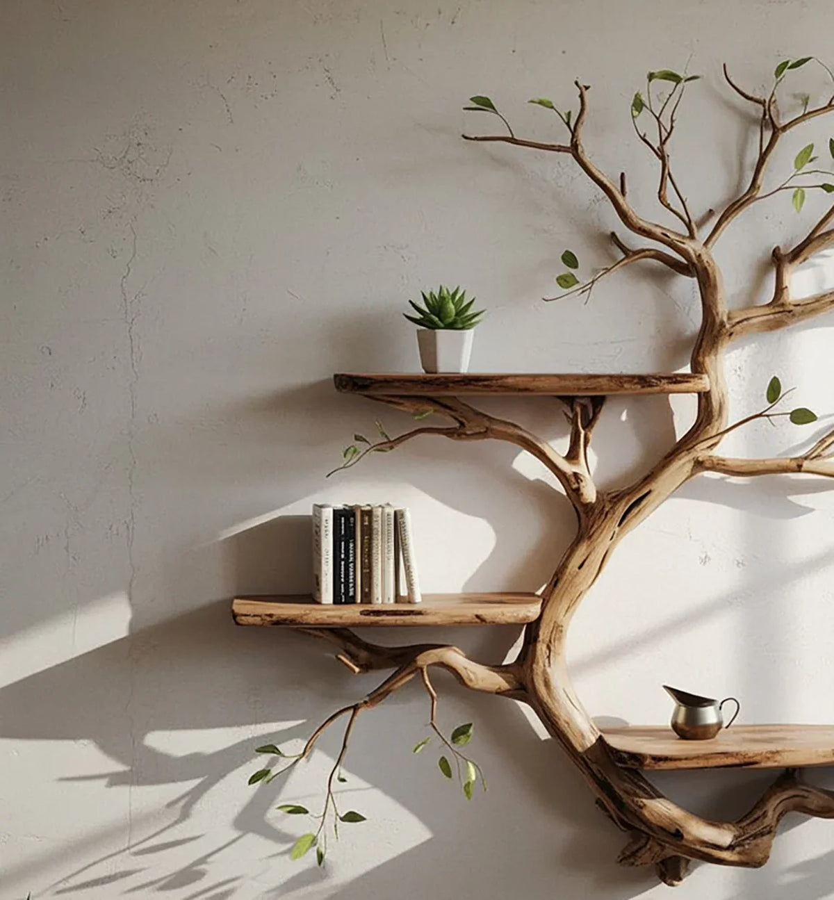 Wall-mounted wooden shelves shaped like a branch with green leaves, holding books, a plant, and a jug