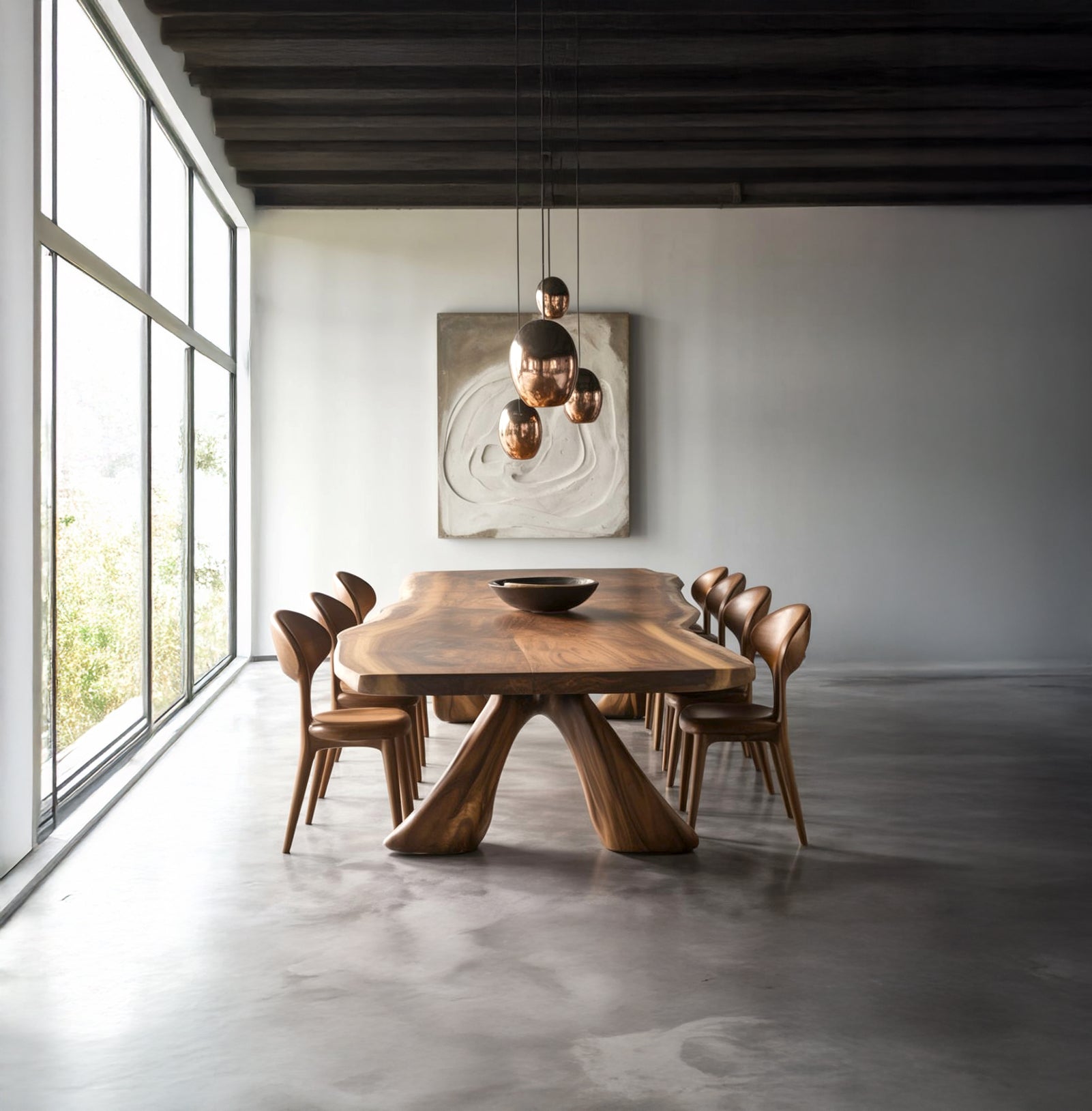 Modern dining room with sculptural wooden table, matching chairs, pendant lights, and abstract wall art