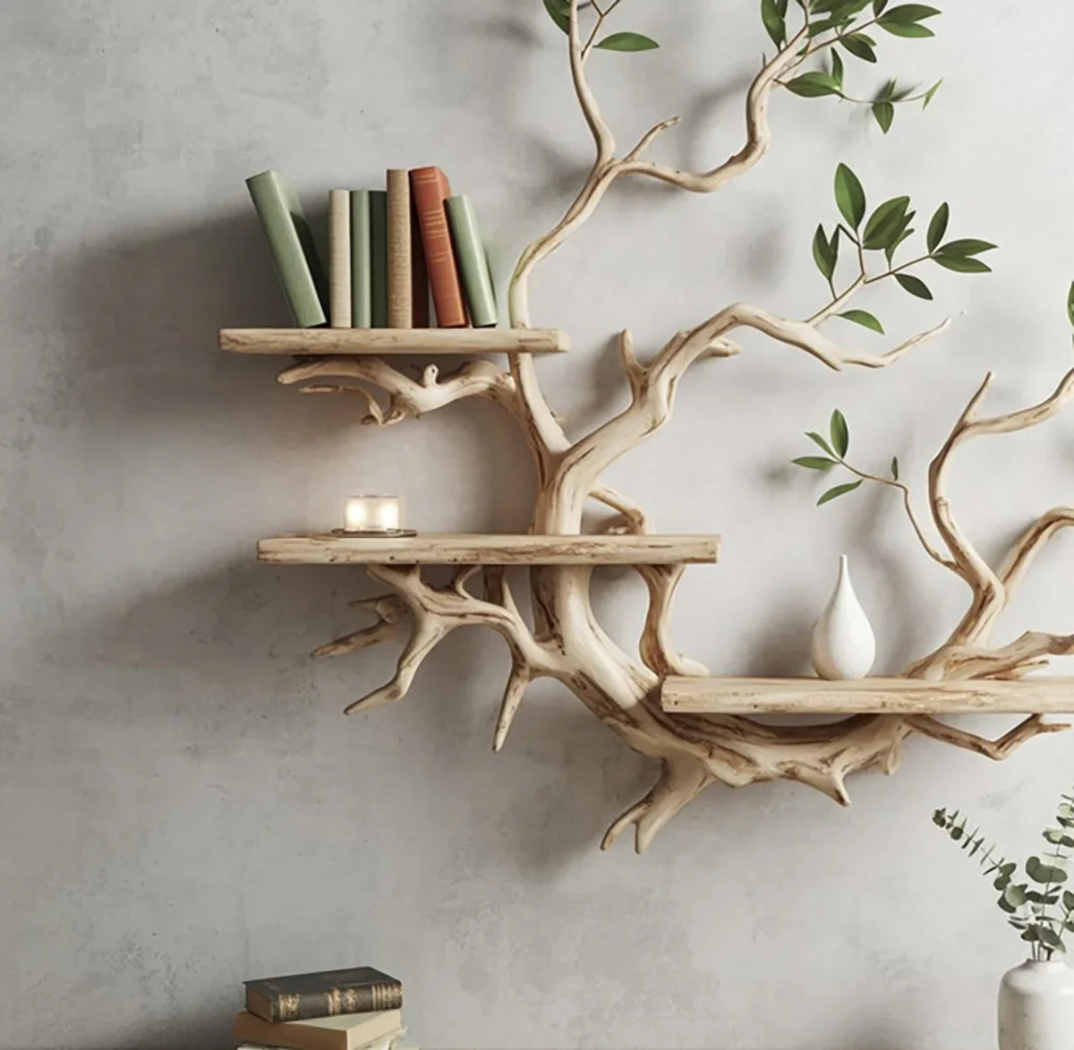 Decorative wooden tree branch wall shelves with books, candle, and white vase on gray wall