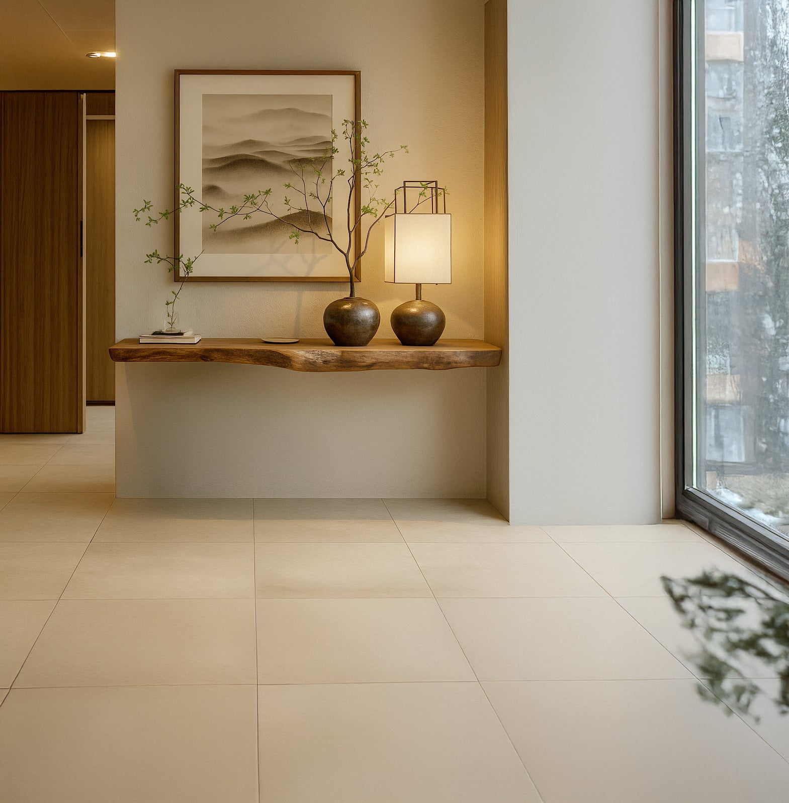 Minimalist living space with floating wooden shelf, ceramic vases, table lamp, wall art, and large window