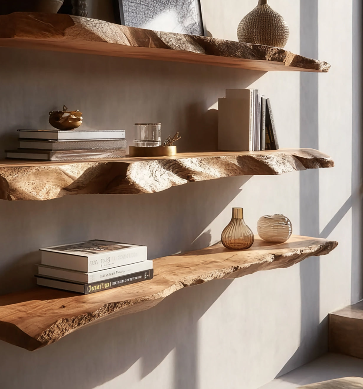 Natural live edge wooden floating shelves with books and decorative vases in sunlight